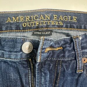 American Eagle Outfitters Men's Indigo Blue Denim Jeans with Gold Stitching